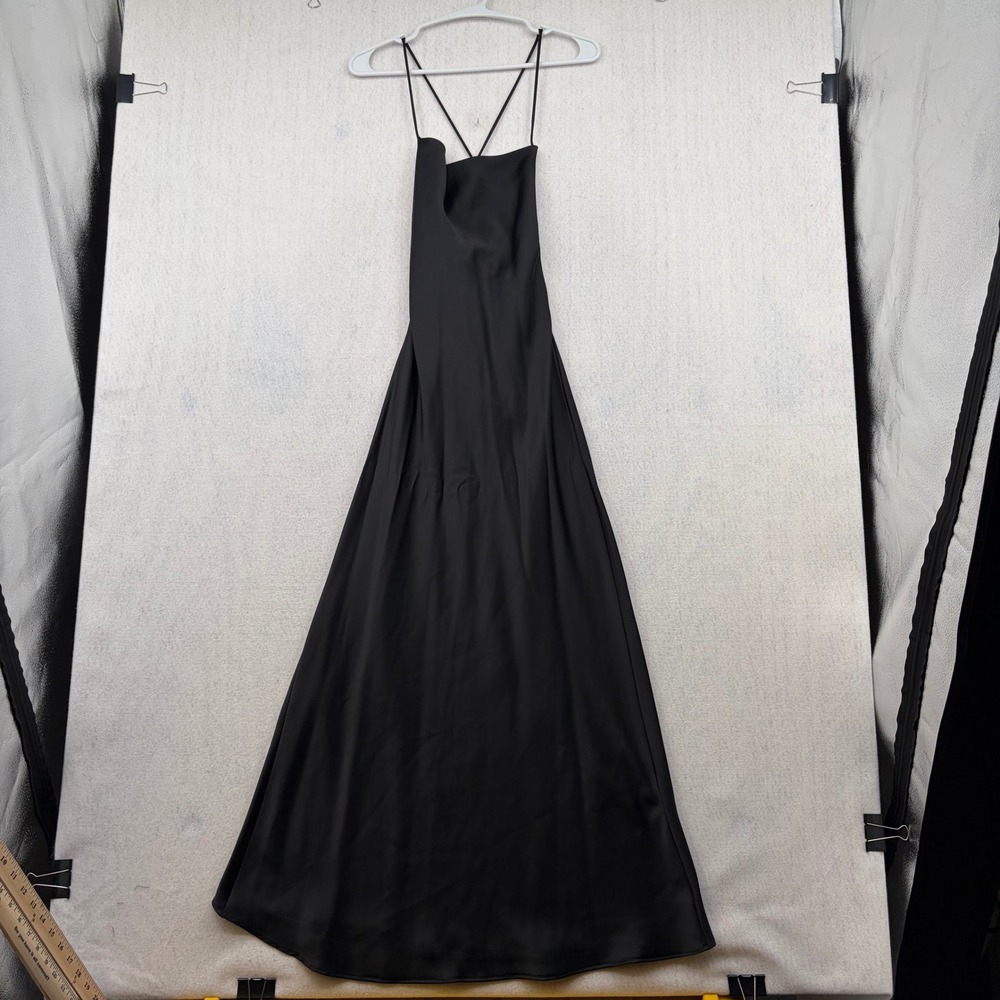 Zara Black Satin Maxi Dress Cowl Back Lace Up Spaghetti Strap Womens XS